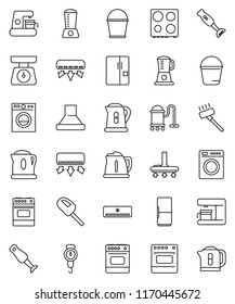 thin line vector icon set - vacuum cleaner vector, bucket, kettle, scales, oven, blender, air conditioner, fridge, washer, coffee maker, hood