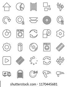 thin line vector icon set - washboard vector, toilet paper, plates, pie graph, arrow up, oxygen, disk, play button, pills blister, gear, refresh, redo, loading, route, relocation truck, 24 hour