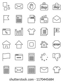 thin line vector icon set - calculator vector, flag, arrow up, dollar, document, equalizer, finger down, mail, stop button, browser, home, loading, house, buy, clothes
