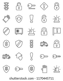 thin line vector icon set - rubber glove vector, dollar shield, safe, attention, traffic light, amkbulance car, lock, unlock, key, sign, siren, home protect, password
