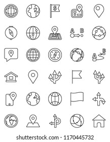 thin line vector icon set - compass vector, world, flag, dollar, route, navigator, earth, map pin, traking, internet, connection, globe, arrow, home