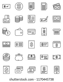 thin line vector icon set - credit card vector, cash, coin stack, check, receipt, dollar calendar, money, wallet, reader, tap pay