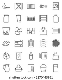 thin line vector icon set - bucket vector, trash bin, garbage pile, measuring cup, jug, sieve, jar, enegry drink, water bottle, sea container, port, wood box, consolidated cargo, package, oil barrel