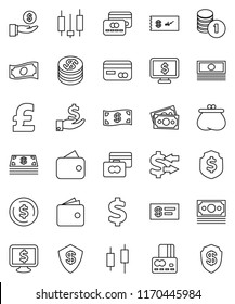 thin line vector icon set - exchange vector, dollar coin, japanese candle, credit card, wallet, cash, investment, stack, shield, monitor, pound, sign, money, check