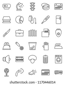 thin line vector icon set - sponge vector, trash bin, iron, steaming, rubber glove, kettle, skimmer, knife, mushroom, table lamp, pie graph, case, hoop, traffic light, calendar, document, speaker