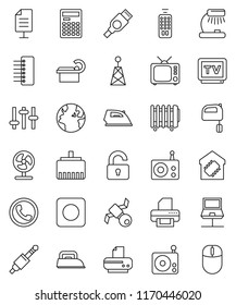 thin line vector icon set - iron vector, mixer, table lamp, calculator, earth, satellite, radio, antenna, tv, settings, remote control, rec button, hdmi, jack, tomography, notebook network, hub, fan
