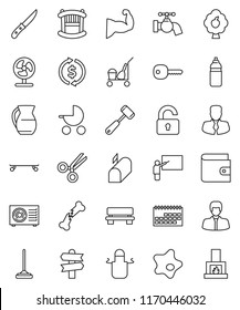 thin line vector icon set - cleaner trolley vector, mop, water tap, splotch, apron, knife, meat hammer, jug, blackboard, exchange, wallet, manager, muscule hand, skateboard, bottle, signpost, bench