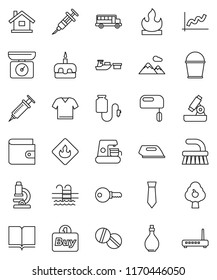 thin line vector icon set - fetlock vector, bucket, oil, cake, book, microscope, school bus, graph, wallet, tie, pool, port, flammable, syringe, pills, drop counter, house, fruit tree, mountain, buy