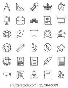thin line vector icon set - copybook vector, graduate hat, pen, university, pencil, school building, corner ruler, drawing compass, backpack, atom, alarm clock, paper pin, medal, certificate, abacus