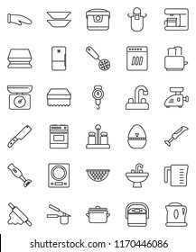 thin line vector icon set - sponge vector, sink, water tap, pan, colander, measuring cup, scales, apron, cook glove, timer, press, skimmer, knife, rolling pin, toaster, oven, spices, blender, plates