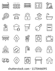 thin line vector icon set - house hold vector, mailbox, water supply, fruit tree, garage, plan, rooms signboard, client search, key, lock, unlock, crib, table, bath, washer, cushioned furniture, tv