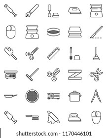 thin line vector icon set - plunger vector, fetlock, rake, sponge, toilet brush, pan, rolling pin, double boiler, blender, sieve, pen, ruler, drawing compass, scissors, measuring, scalpel, coupon