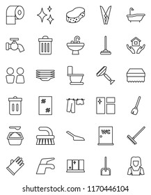 thin line vector icon set - scraper vector, broom, water tap, fetlock, mop, scoop, rake, clothespin, sponge, trash bin, shining, window cleaning, bath, toilet, drying clothes, washing powder, plates