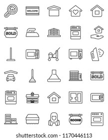 thin line vector icon set - plunger vector, cleaner trolley, mop, sponge, welcome mat, iron, steaming, house hold, woman, microwave oven, university, dry cargo, garage, plan, rooms signboard, sold