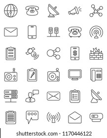 thin line vector icon set - clipboard vector, phone, satellite antenna, radio, satellitie, internet, mobile, speaking man, classic, mail, network, server, firewall, share, message, wireless, tap pay