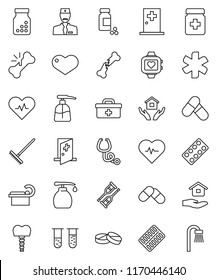 thin line vector icon set - rake vector, liquid soap, house hold, heart pulse, pills vial, monitor, doctor bag, ambulance star, crutches, broken bone, stethoscope, bottle, blister, tomography, bath