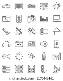 thin line vector icon set - laptop graph vector, arrow up, music hit, equalizer, remote control, headphones, cloud lock, big data, browser, lan connector, loading, route, wireless, barcode, tap pay