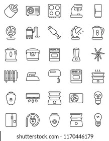 thin line vector icon set - vacuum cleaner vector, iron, kettle, oven, double boiler, blender, table lamp, rca, windmill, ari condition, fridge, power plug, mixer, multi cooker, epilator, fan, bulb