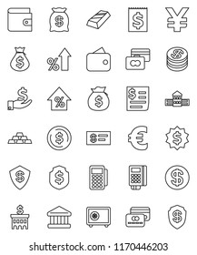 thin line vector icon set - school building vector, bank, dollar coin, gold ingot, credit card, wallet, percent growth, money bag, investment, medal, shield, safe, euro sign, yen, receipt, reader