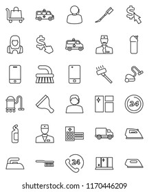thin line vector icon set - scraper vector, vacuum cleaner, fetlock, car, window cleaning, iron, agent, shining, woman, dollar cursor, phone 24, support, delivery, mobile, doctor, hospital building