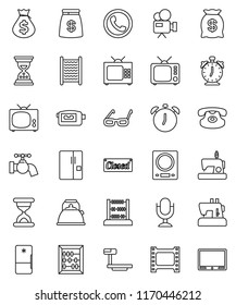 thin line vector icon set - water tap vector, washboard, kettle, glasses, alarm clock, abacus, money bag, sand, big scales, film frame, tv, video camera, microphone, classic phone, fridge, closed