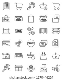 thin line vector icon set - house hold vector, cart, credit card, office, cargo search, estate document, sale signboard, sold, low price, new, shopping bag, percent, market, store, buy, barcode