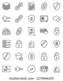 thin line vector icon set - certificate vector, personal information, dollar shield, safe, protected, link, cloud, big data, server, firewall, chain, lock, unlock, siren, smart home, password