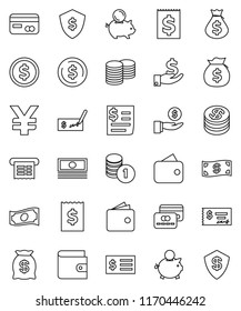 thin line vector icon set - dollar coin vector, wallet, cash, money bag, piggy bank, investment, stack, check, receipt, shield, yen sign, credit card