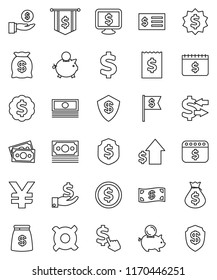 thin line vector icon set - exchange vector, dollar coin, cash, money bag, piggy bank, investment, growth, receipt, medal, flag, shield, calendar, monitor, cursor, any currency, yen sign