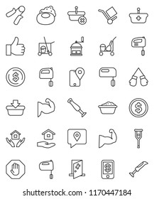 thin line vector icon set - soap vector, cleaner trolley, foam basin, house hold, hand mill, mixer, dollar coin, trainer, muscule, boxing glove, traking, cargo, finger up, crutches, medical room