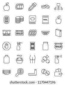 thin line vector icon set - washing powder vector, sprayer, plates, colander, cookbook, jar, pasta, pencil, corner ruler, apple fruit, coin stack, money search, buttocks, stadium, satellite, pills