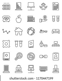 thin line vector icon set - house hold vector, apple fruit, constellation, investment, personal information, hierarchy, any currency, phone, truck trailer, port, vial, microbs, connection, home