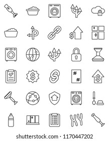 thin line vector icon set - scraper vector, car fetlock, window cleaning, toilet brush, washer, foam basin, shining, blender, dollar growth, medal, water bottle, route, internet, chromosomes, chain