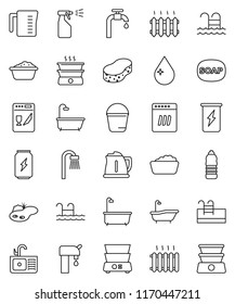 thin line vector icon set - soap vector, bucket, sponge, water drop, bath, foam basin, sprayer, sink, kettle, measuring cup, double boiler, enegry drink, bottle, pool, pond, supply, heating