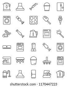 thin line vector icon set - vacuum cleaner vector, bucket, kettle, scales, oven, blender, air conditioner, fridge, washer, coffee maker, hood