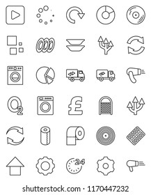 thin line vector icon set - washboard vector, toilet paper, plates, pie graph, arrow up, pound, oxygen, disk, play button, pills blister, gear, refresh, redo, loading, route, relocation truck