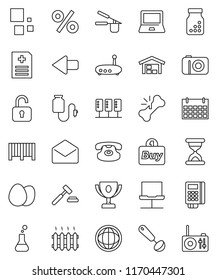 thin line vector icon set - cook press vector, ladle, egg, notebook pc, award cup, world, auction, calendar, classic phone, mail, flask, broken bone, sand clock, pills bottle, anamnesis, server, buy