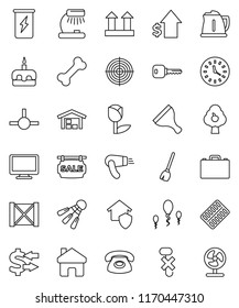 thin line vector icon set - scraper vector, broom, kettle, cake, case, table lamp, exchange, dollar growth, target, enegry drink, shuttlecock, bone, clock, wood box, top sign, no hook, tulip, sperm