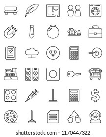 thin line vector icon set - mop vector, water closet, oven, pen, case, calculator, magnet, school bus, document, tie, dollar sign, fitball, boxing glove, film spool, rec button, insemination, bench