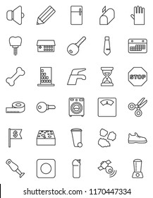 thin line vector icon set - water tap vector, sponge, trash bin, washer, cleaning agent, rubber glove, garbage pile, blender, pencil, scissors, sand clock, dollar flag, tie, measuring, scales, bone