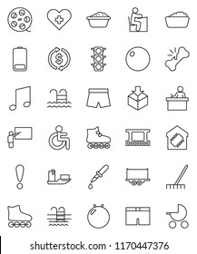 thin line vector icon set - rake vector, foam basin, blackboard, student, music, exchange, fitball, shorts, roller Skates, pool, attention, traffic light, ship, truck trailer, package, film frame
