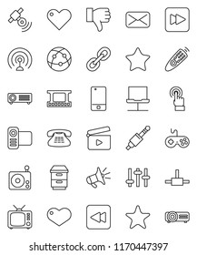 thin line vector icon set - cinema clap vector, film frame, radio, antenna, satellitie, tv, gamepad, settings, video camera, remote control, internet, mobile phone, touchscreen, classic, link, heart