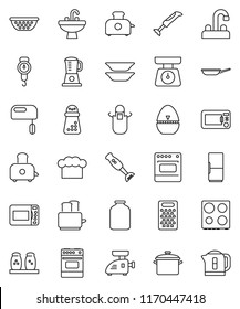 thin line vector icon set - sink vector, water tap, pan, colander, scales, cook hat, apron, timer, hand mill, grater, toaster, oven, spices, blender, plates, jar, fridge, mixer, meat grinder, kettle