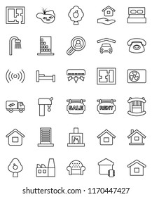 thin line vector icon set - house hold vector, pond, water supply, fruit tree, garage, plan, sale signboard, rent, client search, crib, bath, cushioned furniture, relocation truck, fireplace, phone