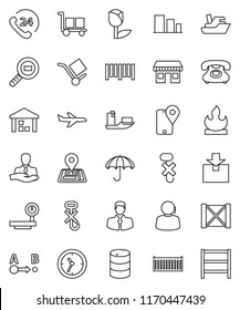 thin line vector icon set - navigator vector, office, plane, phone, 24, support, client, traking, ship, sea container, clock, wood box, cargo, umbrella, no hook, tulip, warehouse, package, sorting