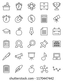 thin line vector icon set - graduate hat vector, pen, student, backpack, apple fruit, atom, telescope, calculator, notebook pc, alarm clock, schedule, clipboard, paper pin, compass, award cup, medal