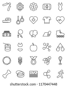 thin line vector icon set - diet vector, measuring, heart pulse, stadium, jump rope, hand trainer, punching bag, boxing glove, swimsuite, t shirt, roller Skates, medal, sports nutrition, molecule