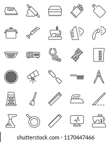 thin line vector icon set - plunger vector, broom, fetlock, sponge, iron, steaming, rubber glove, pan, colander, measuring cup, spatula, rolling pin, cutting board, grater, sieve, ruler, telescope