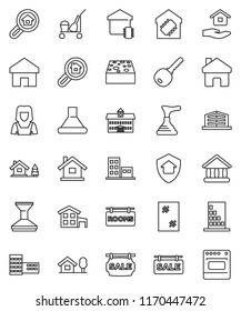 thin line vector icon set - plunger vector, cleaner trolley, sponge, car fetlock, window cleaning, house hold, woman, university, school building, home, cottage, chalet, sale signboard, rooms, key