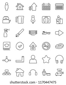 thin line vector icon set - sprayer vector, plates, kettle, measuring cup, cookbook, steak, pen, corner ruler, student, dollar growth, man, hierarchy, calendar, scales, no smoking, port, protected